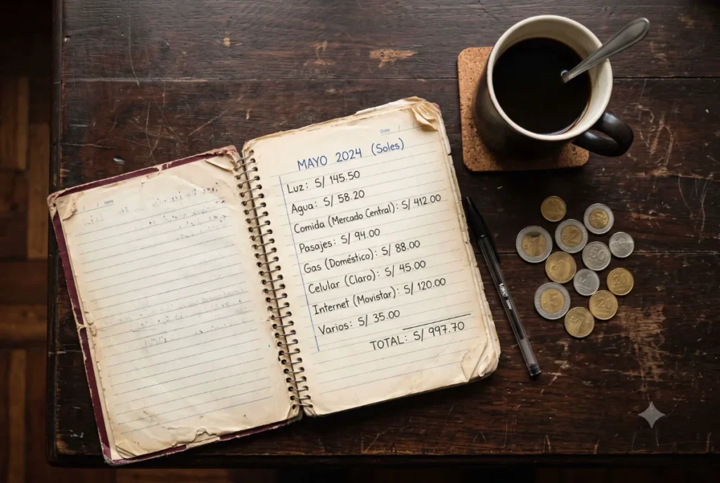 Cuaderno con un presupuesto mensual escrito a mano en soles, junto a una taza de café, un lapicero y monedas peruanas.