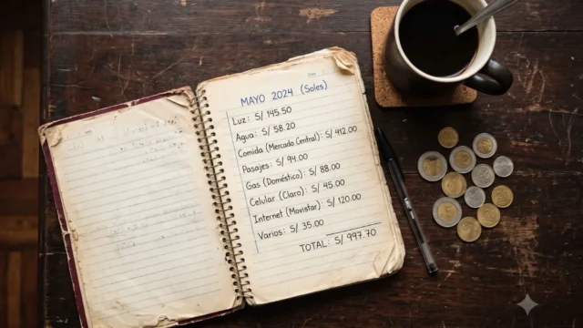 Cuaderno con un presupuesto mensual escrito a mano en soles, junto a una taza de café, un lapicero y monedas peruanas.
