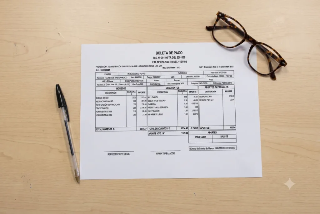 Boleta de pago peruana impresa sobre un escritorio, con unas gafas y un lapicero al lado.