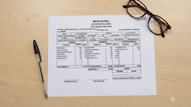 Boleta de pago peruana impresa sobre un escritorio, con unas gafas y un lapicero al lado.