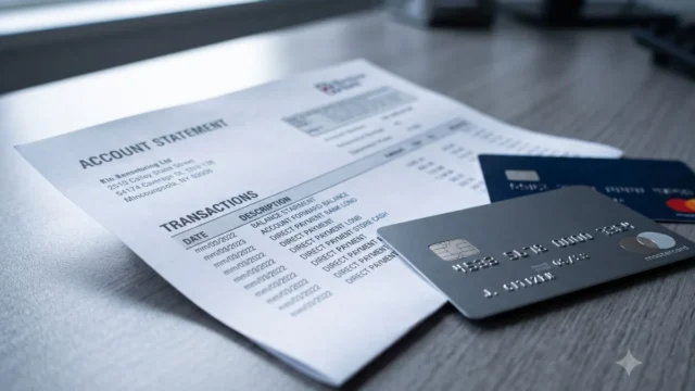 Estado de cuenta bancario impreso junto a dos tarjetas de crédito sobre un escritorio.