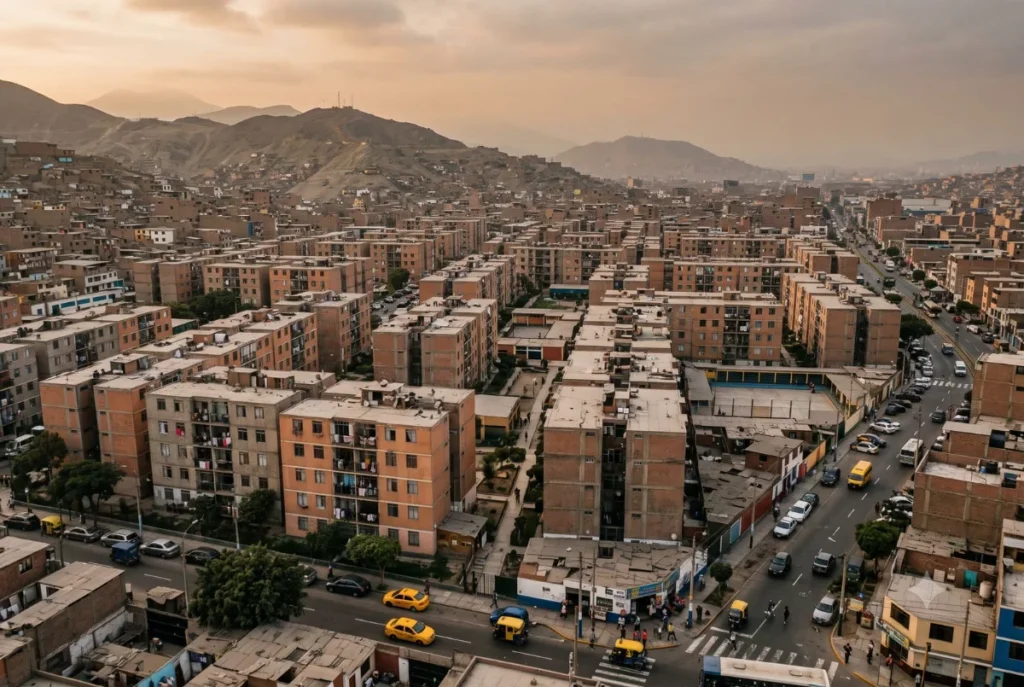 Vista aérea de bloques de vivienda multifamiliar en Lima al atardecer, con los cerros al fondo.