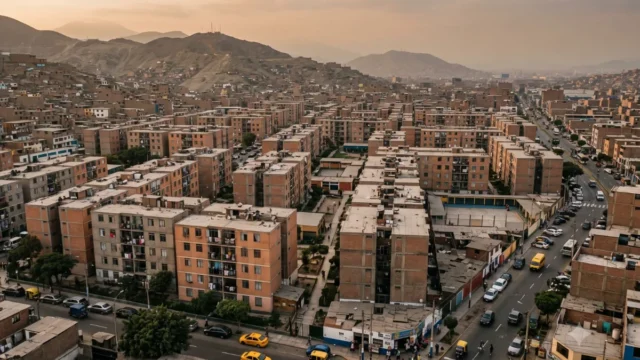 Vista aérea de bloques de vivienda multifamiliar en Lima al atardecer, con los cerros al fondo.